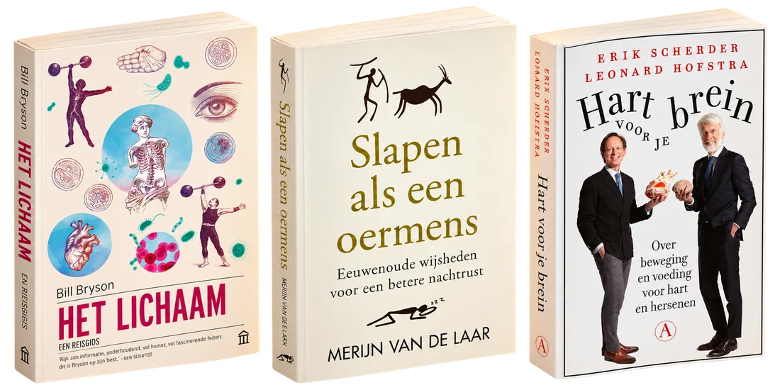 Het lichaam van Bill Bryson, Slapen als een oermens van Merijn van de Laar en Hart voor je brein van Erik Scherder en Leonard Hofstra als staande boeken